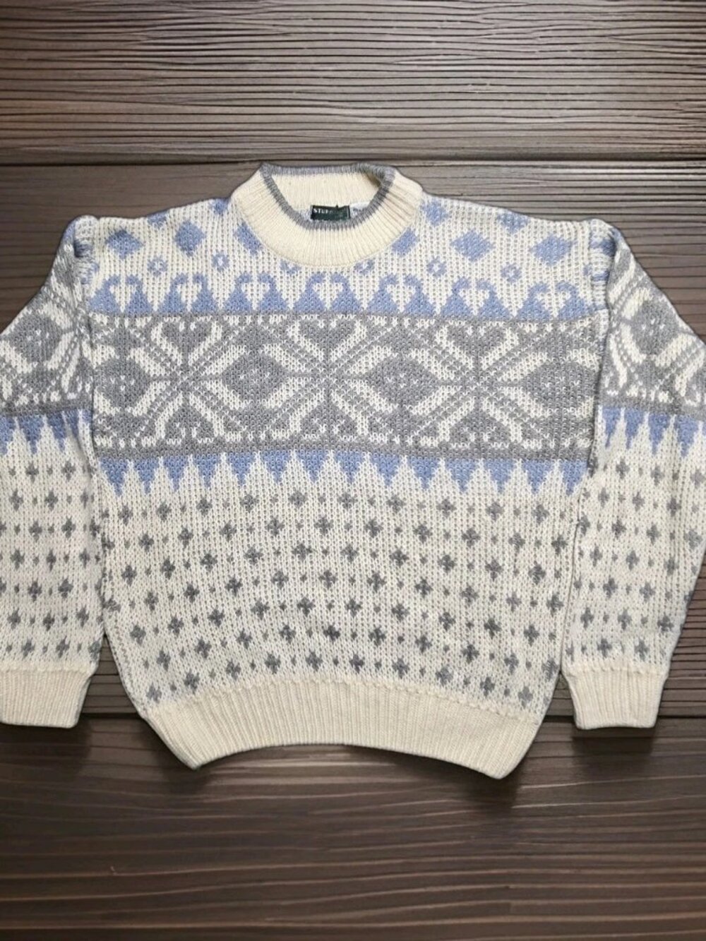 VTG Stefano Man Nordic Sweater White Gray Blue Size L